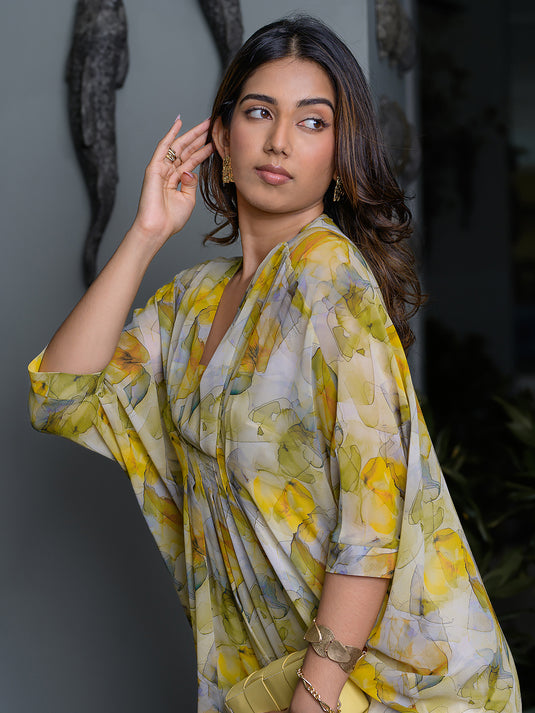 Printed kaften with front pleats