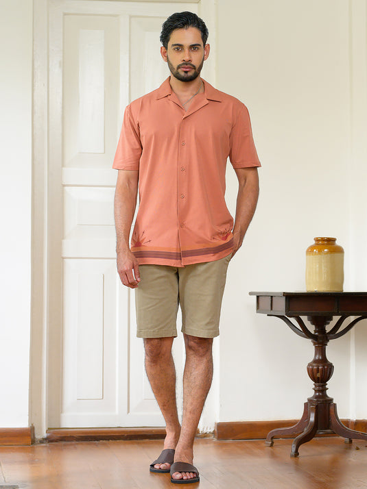 Cuban Collar Short Sleeve Shirt With Hem Print