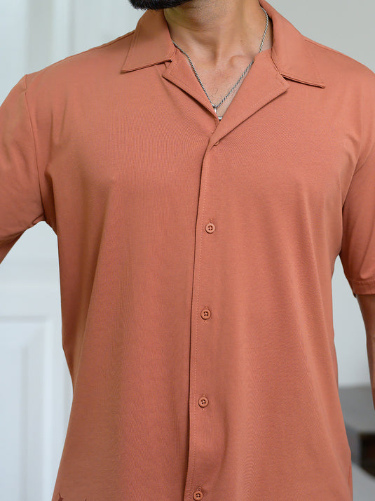 Cuban Collar Short Sleeve Shirt With Hem Print