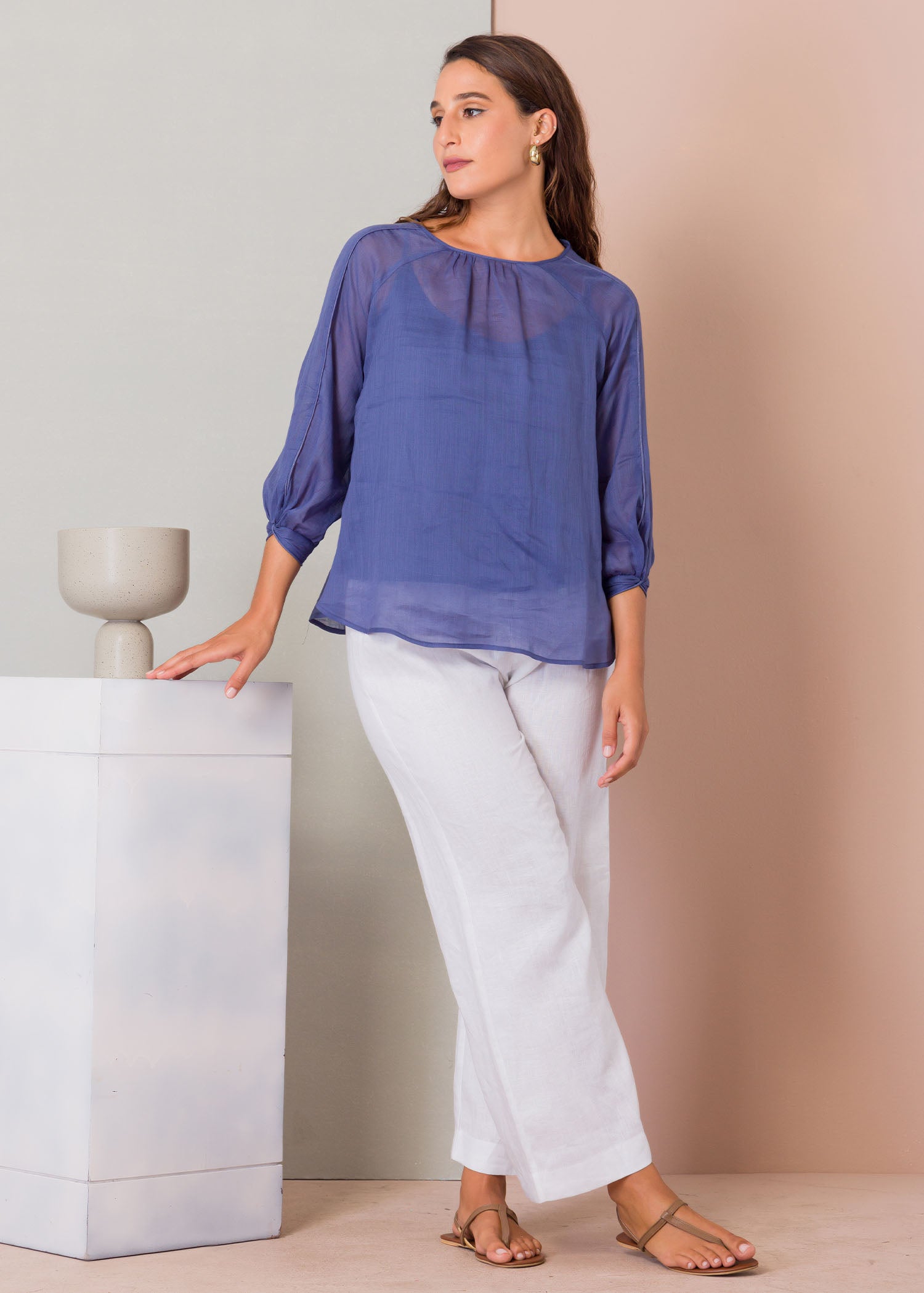 Ragalan sleeve blouse with piping detail