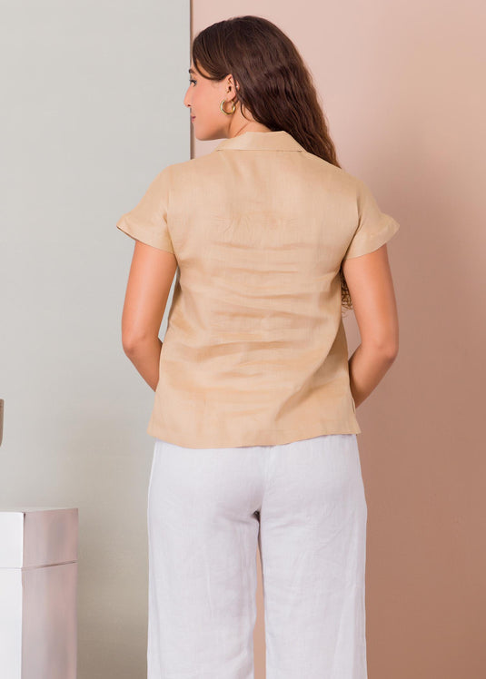 Extended shoulder blouse with front flaps