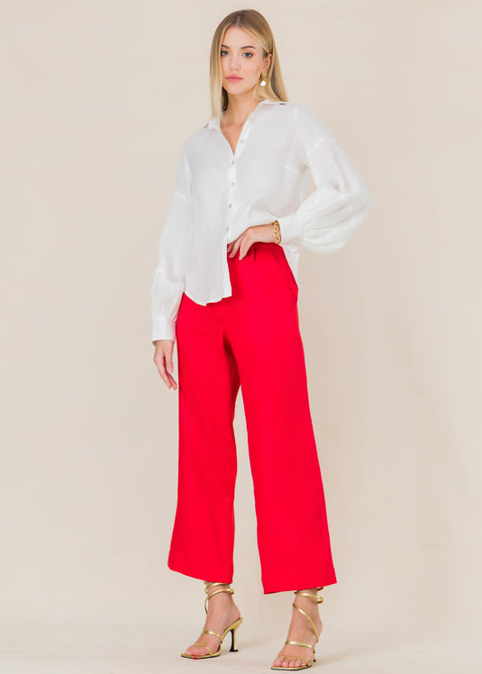 Ballon sleeve button down linen blouse