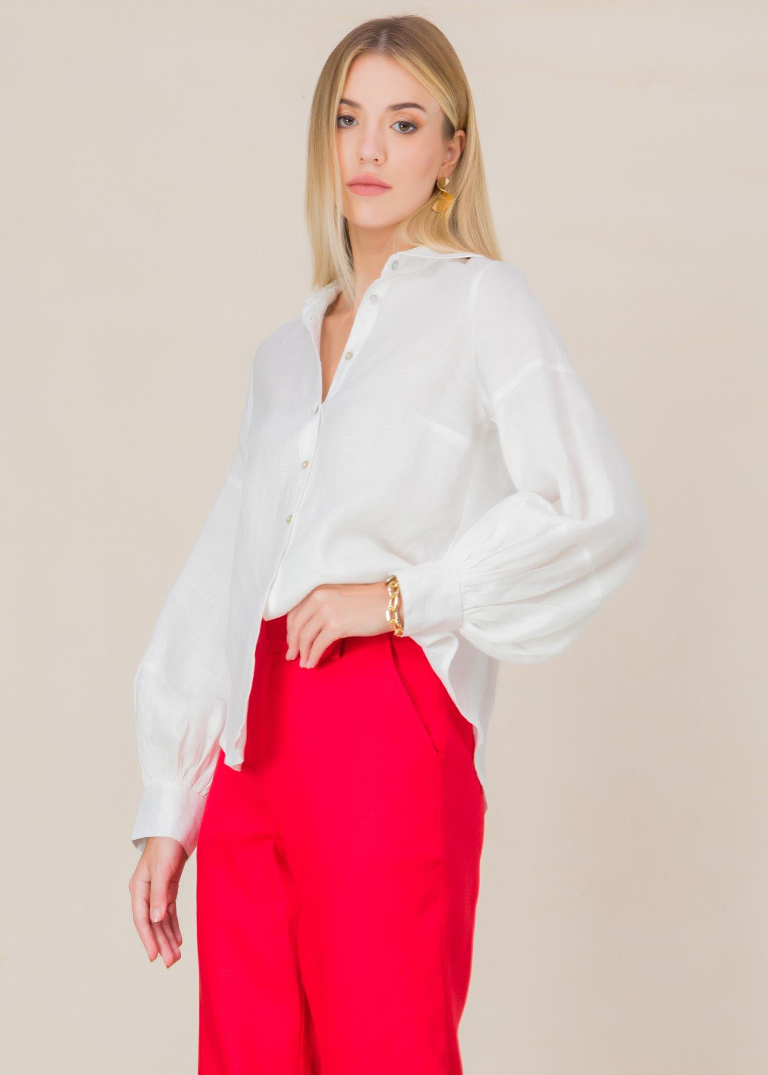 Ballon sleeve button down linen blouse