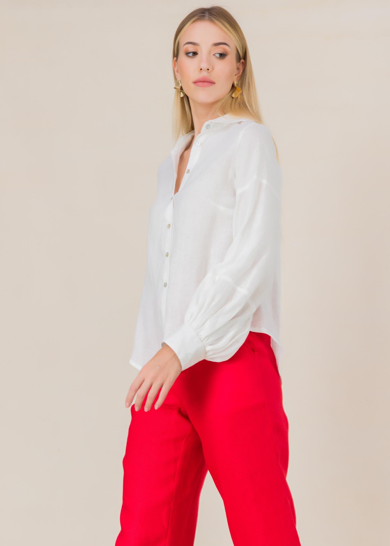 Ballon sleeve button down linen blouse