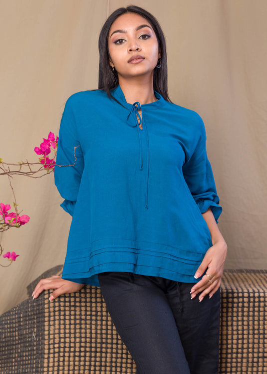 Neck Tie Blouse With Pin Tucks