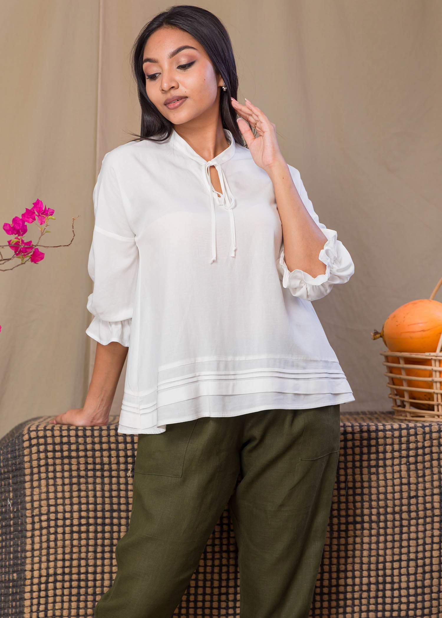 Neck Tie Blouse With Pin Tucks
