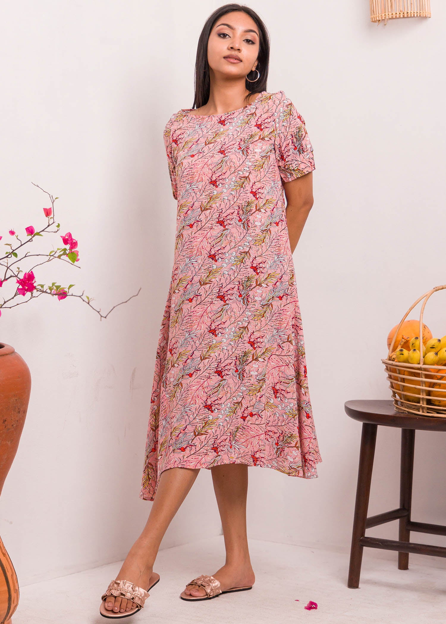 Printed Dress With Elasticated Sleeve