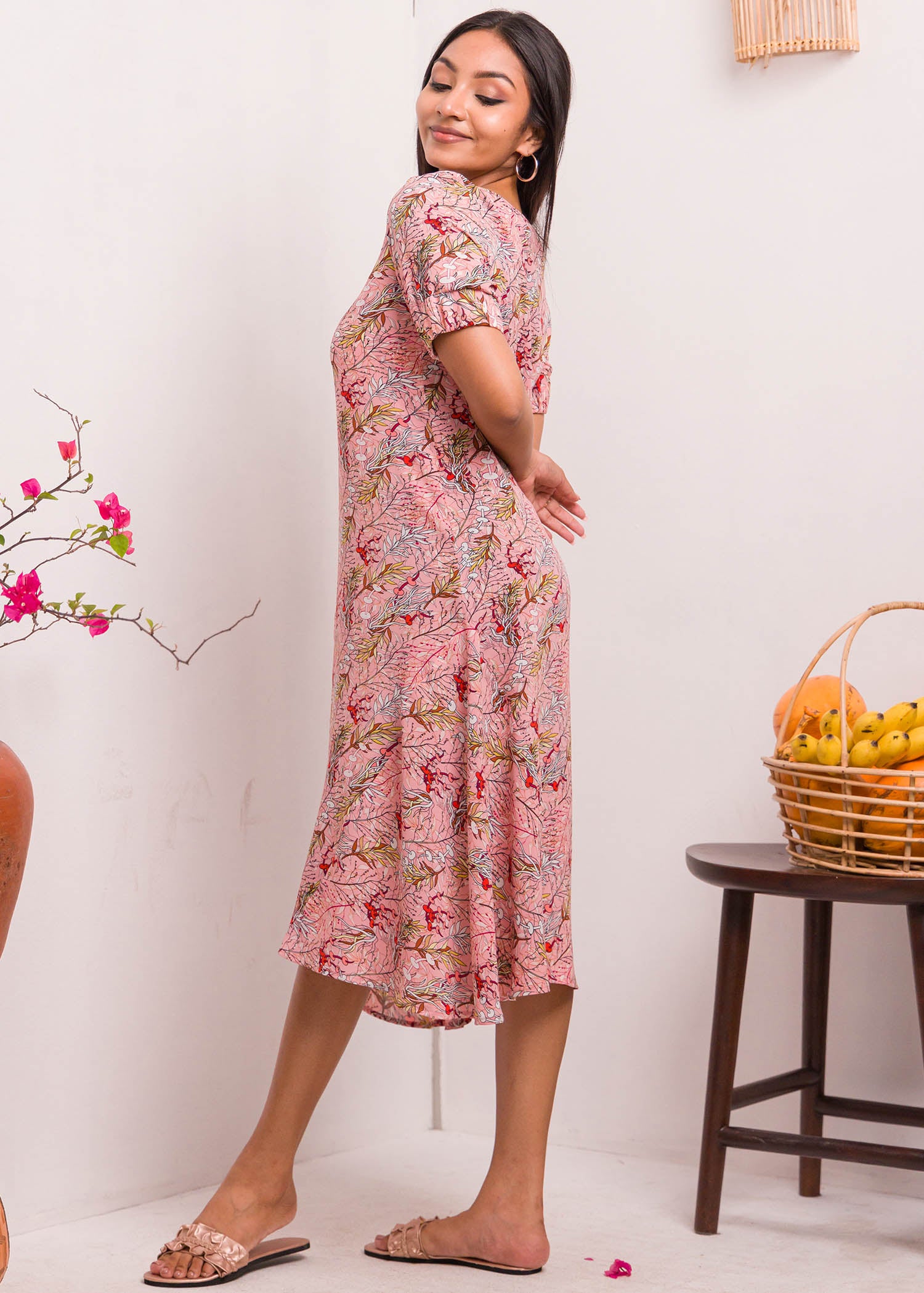 Printed Dress With Elasticated Sleeve