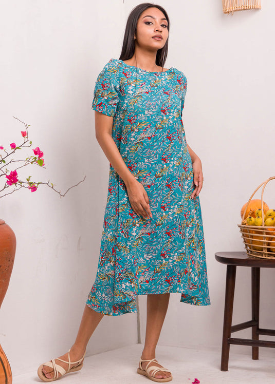 Printed Dress With Elasticated Sleeve