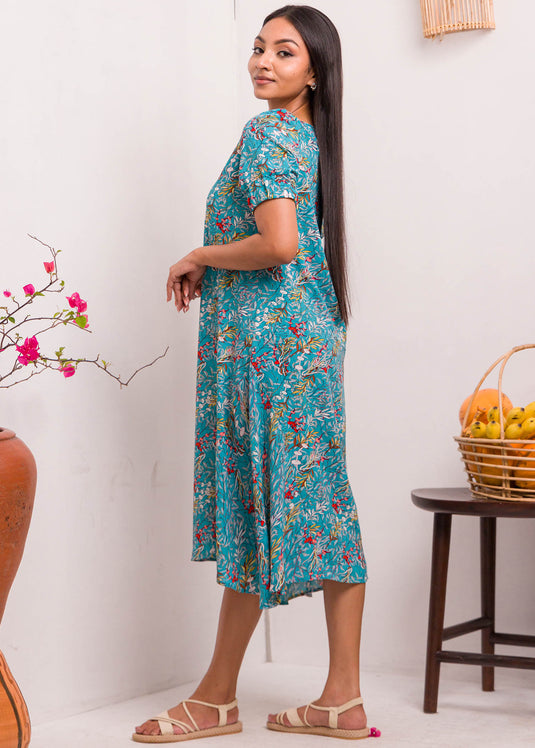 Printed Dress With Elasticated Sleeve