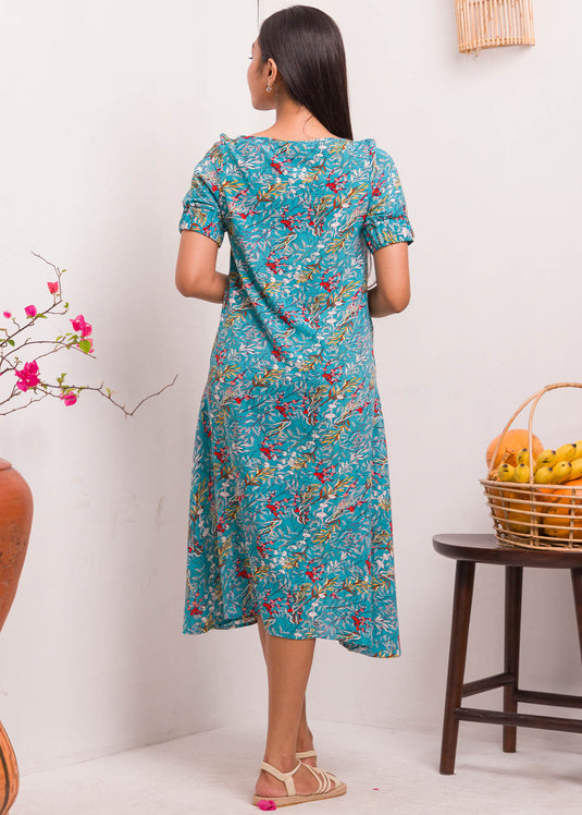 Printed Dress With Elasticated Sleeve