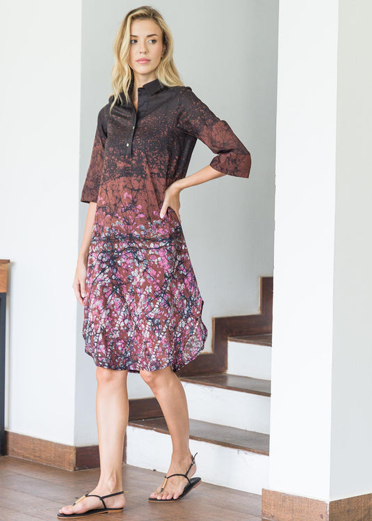 Batik flower branches printed shirt dress