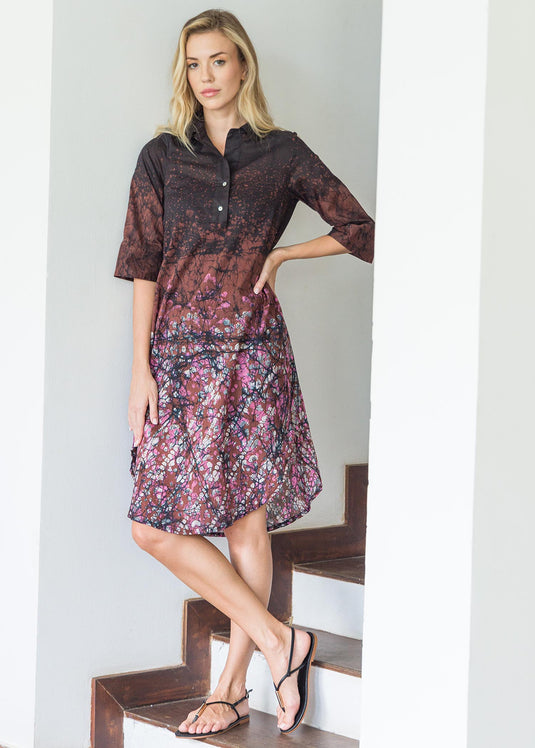 Batik flower branches printed shirt dress