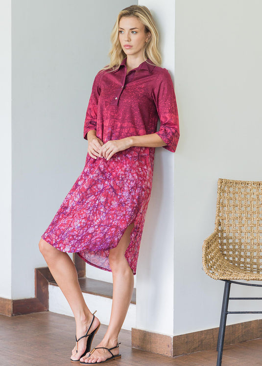 Batik flower branches printed shirt dress