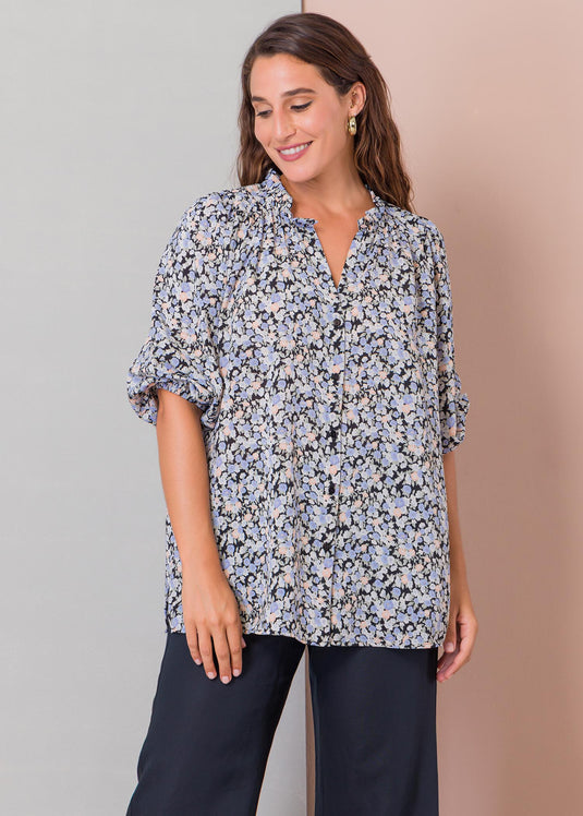 Button down blouse with puff sleeve