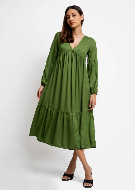 Long Sleeve V Neck Tiered Dress