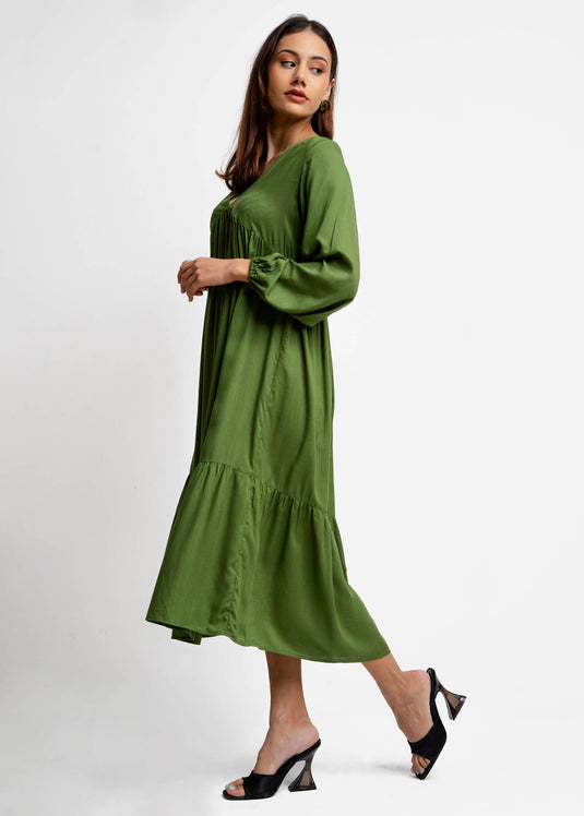 Long Sleeve V Neck Tiered Dress