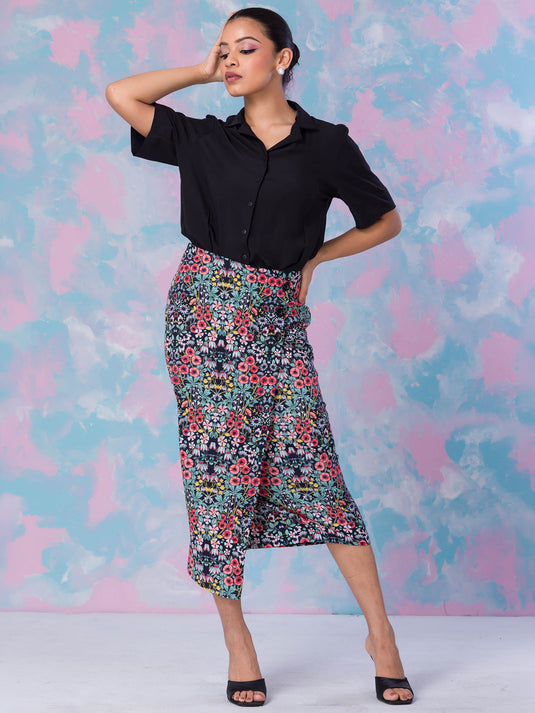Printed Mock Wrap Skirt