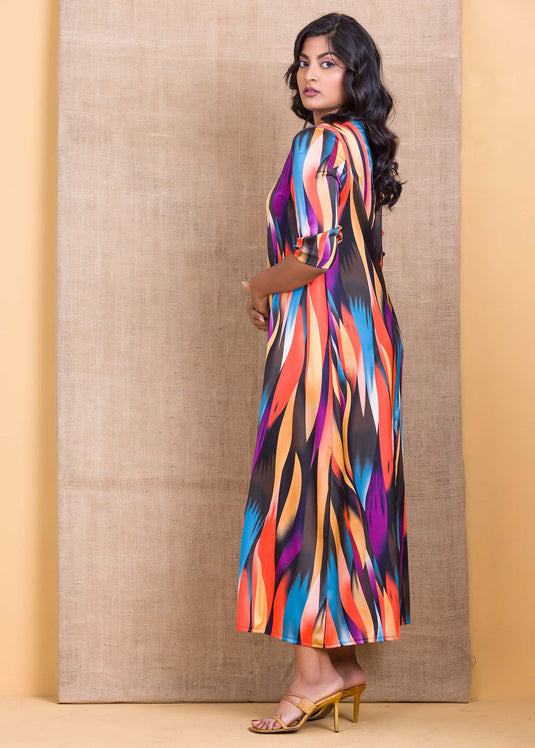 Multi colour printed maxi dress with functional tie