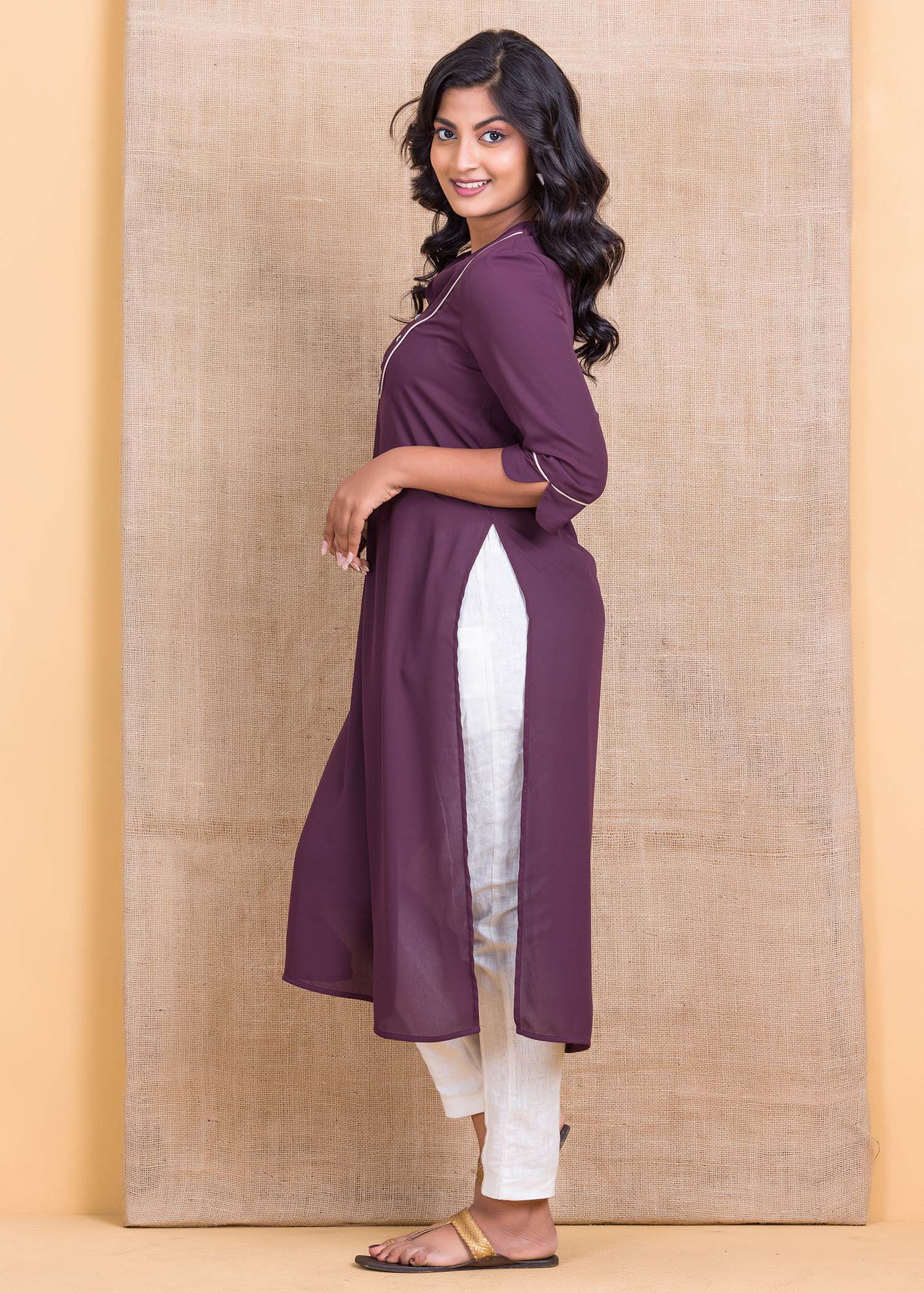 High Low Chanderi Kurti Set With Piping Detail - Heer Apparels - 3813905