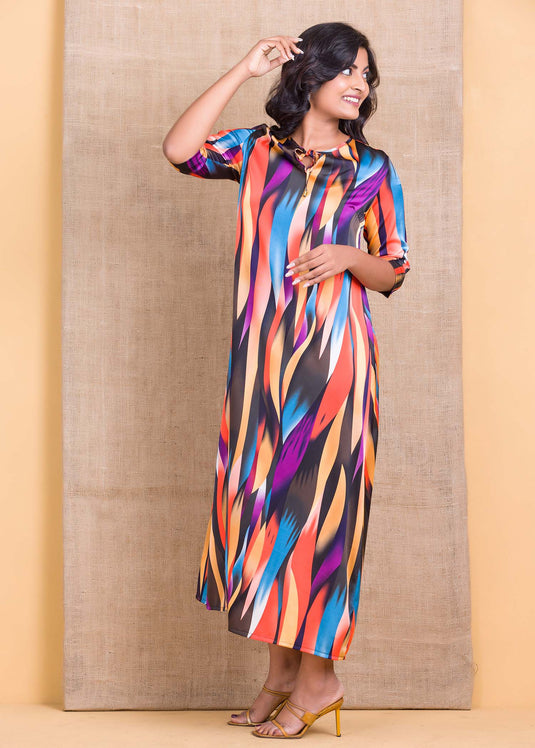 Multi colour printed maxi dress with functional tie