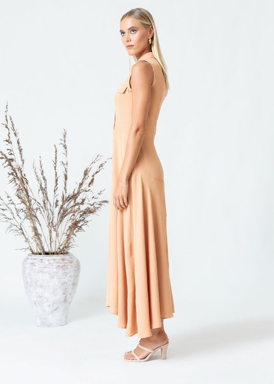 Sleeveless midi dress with cut panels
