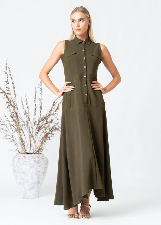 Sleeveless midi dress with cut panels