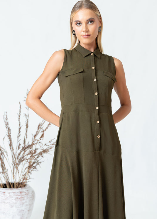 Sleeveless midi dress with cut panels