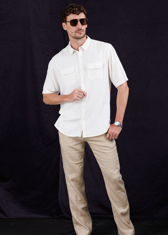 Linen camp collar double pocket shirt