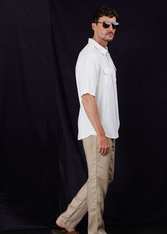 Linen camp collar double pocket shirt