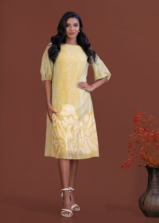 Batik A-line dress with puff sleeve