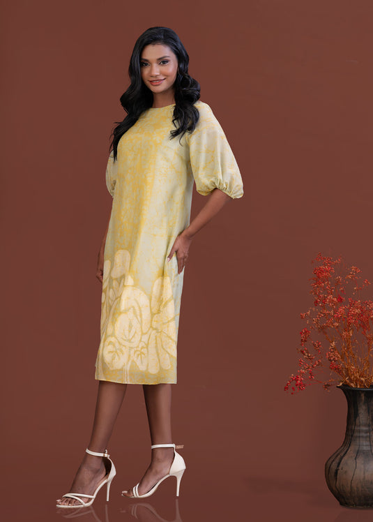 Batik A-line dress with puff sleeve