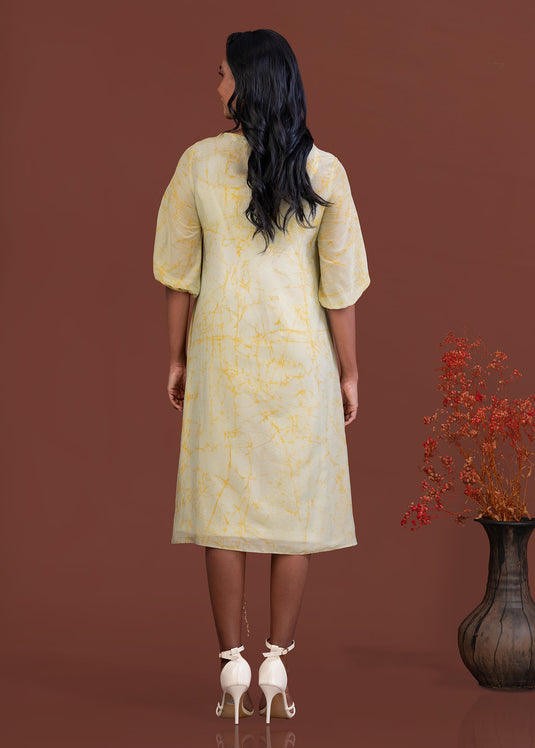 Batik A-line dress with puff sleeve