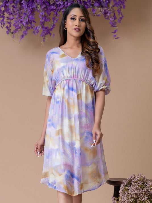 Printed dolman sleeve dress with elasticated waist