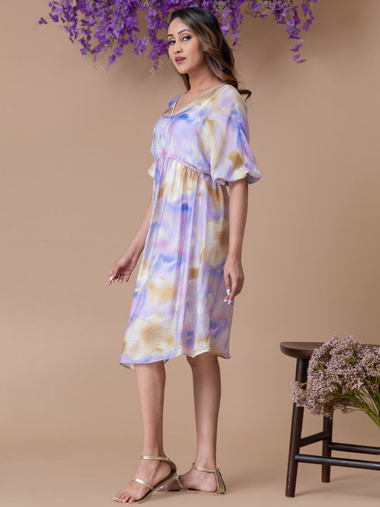 Printed dolman sleeve dress with elasticated waist