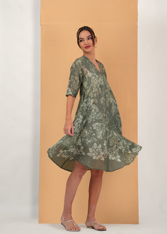 Batik V-neck flare dress