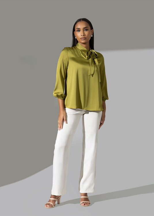 Puff sleeve blouse with neck tie