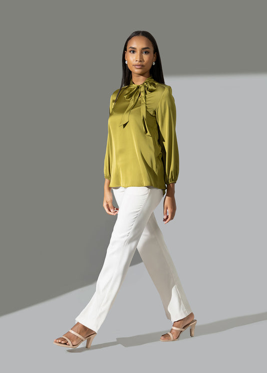 Puff sleeve blouse with neck tie