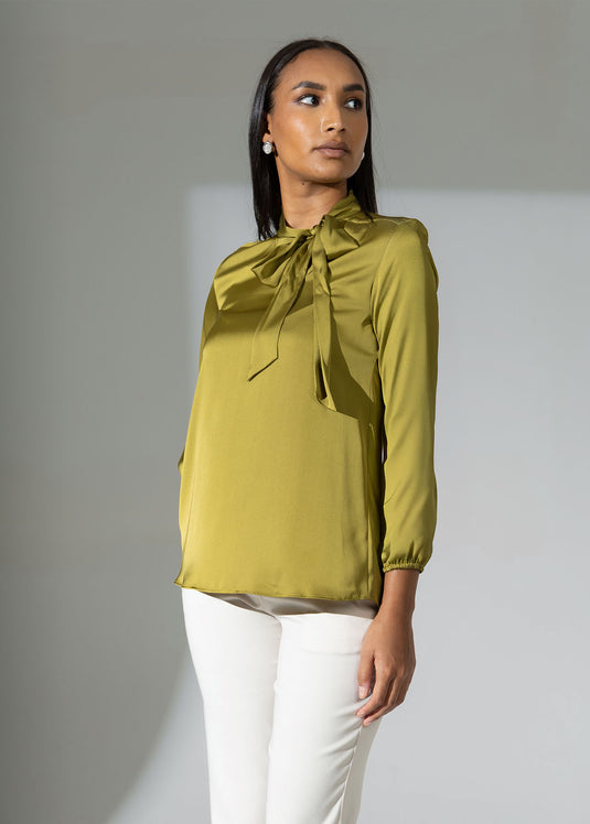 Puff sleeve blouse with neck tie