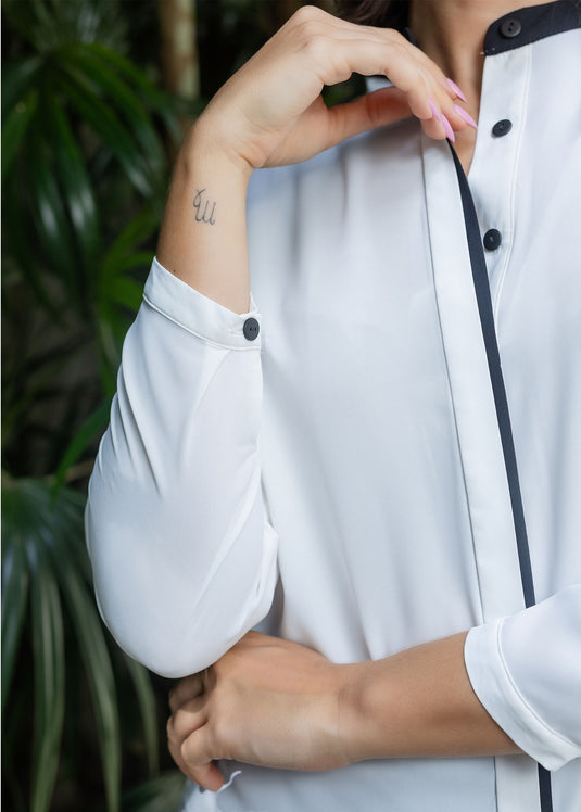 Mandarin collar long sleeve blouse with contast piping