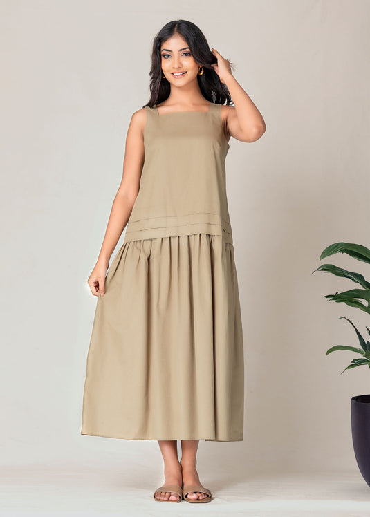 Wide Strap Midi Dress With Pleat Detail