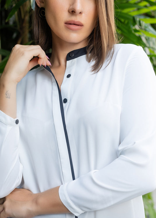 Mandarin collar long sleeve blouse with contast piping