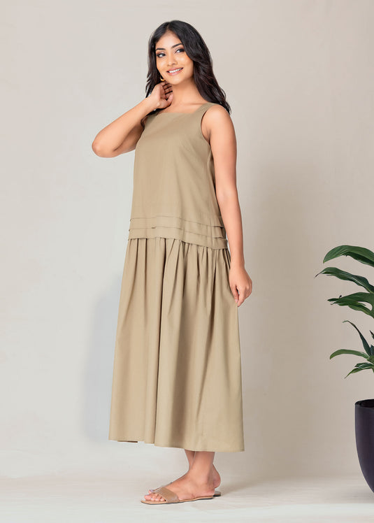 Wide Strap Midi Dress With Pleat Detail