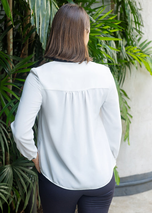 Mandarin collar long sleeve blouse with contast piping