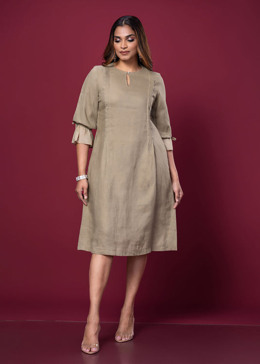 Pintuck & Bead Detailed Linen  Dress