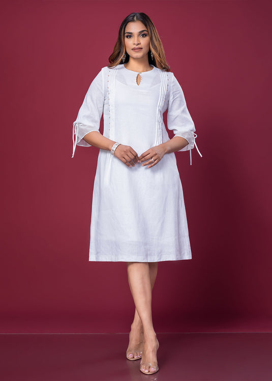 Pintuck & Bead Detailed Linen  Dress