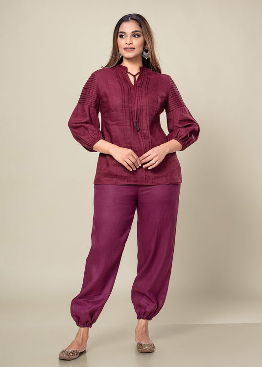 Pintuck Detailed Linen Blouse With Beaded Tassel