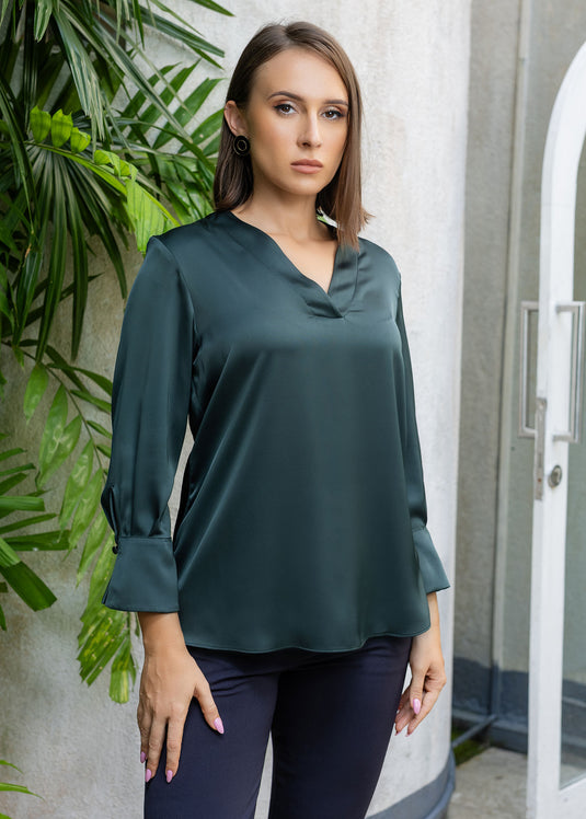 V neck long sleeve blouse with cuff detail