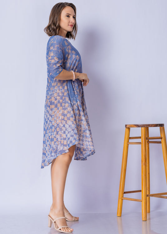 V - Neck Bottom Flare Batik Dress