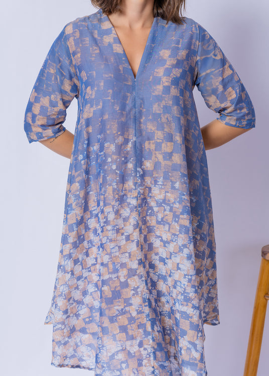 V - Neck Bottom Flare Batik Dress